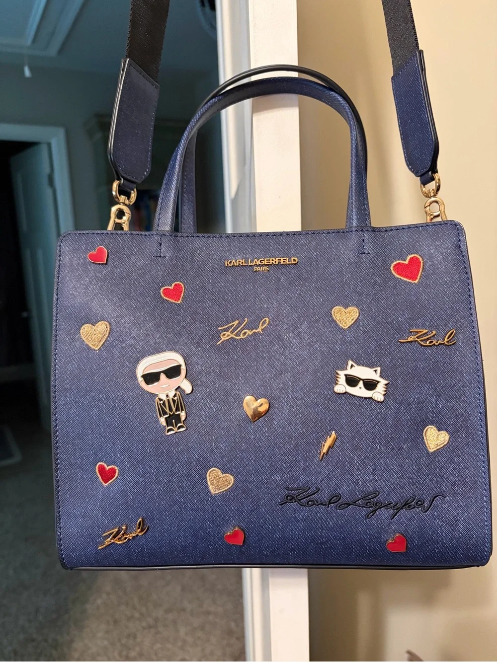 Karl Lagerfeld Navy Denim  Embellished Bag and Hat